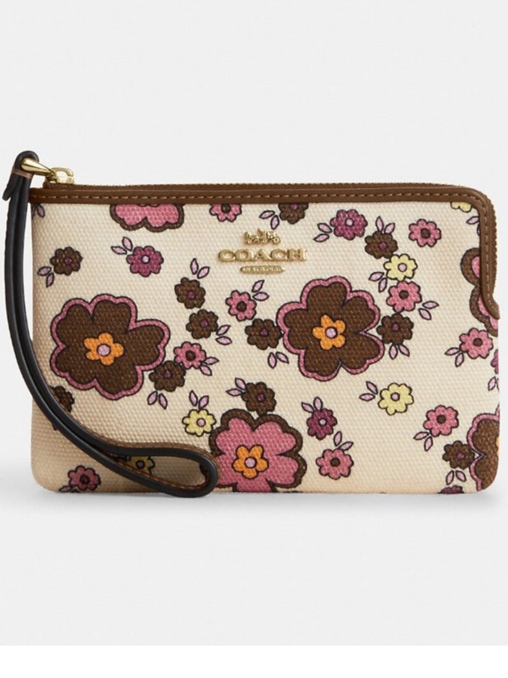 Coach Cream Floral Zip Wristlet with Pink and Brown Flowers - Picture 1 of 1